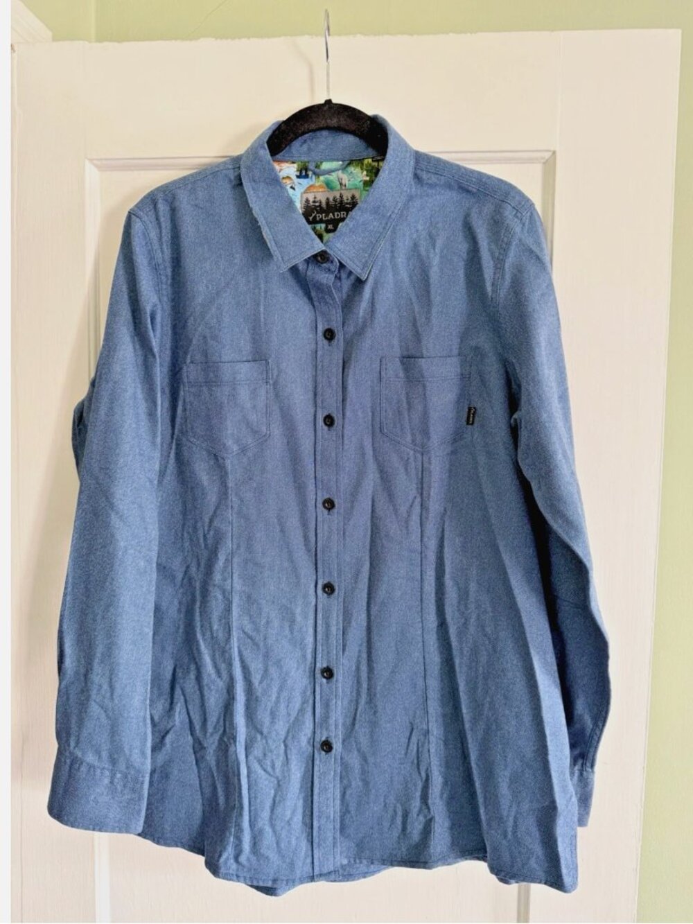 Pladra Blue Cotton Fish Print Flip Cuff Cascade Flannel Shirt Women's XLarge
